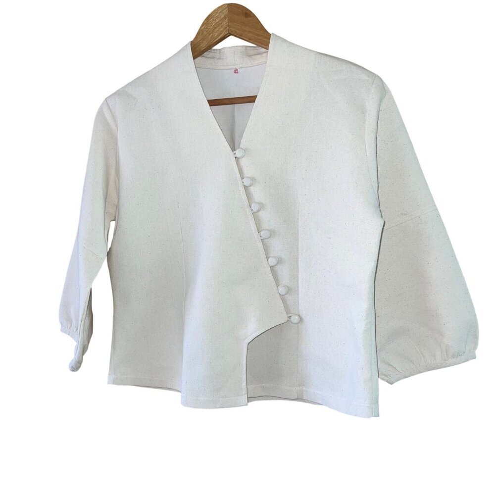 Vintage Womens Jacket Size 42 Cream Covered Button 3/4 Sleeves Casual